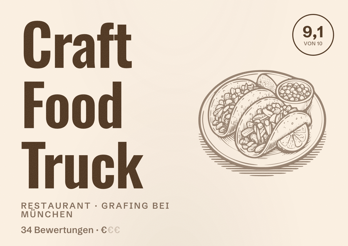 Illustriertes Poster von Craft Food Truck, Restaurant in Grafing bei München: Bewertung 9,1 von 10 aus 34 Bewertungen, Preisniveau €