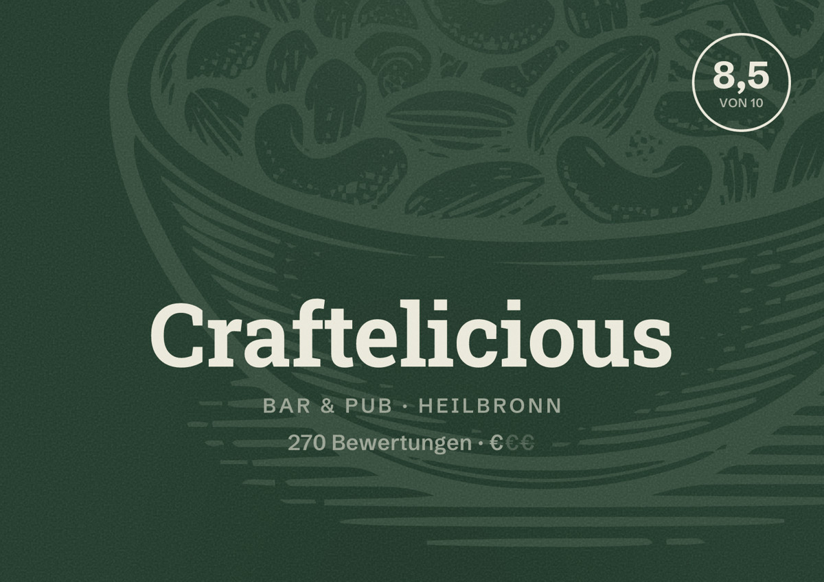 Illustriertes Poster von Craftelicious, Bar & Pub in Heilbronn: Bewertung 8,5 von 10 aus 270 Bewertungen, Preisniveau €
