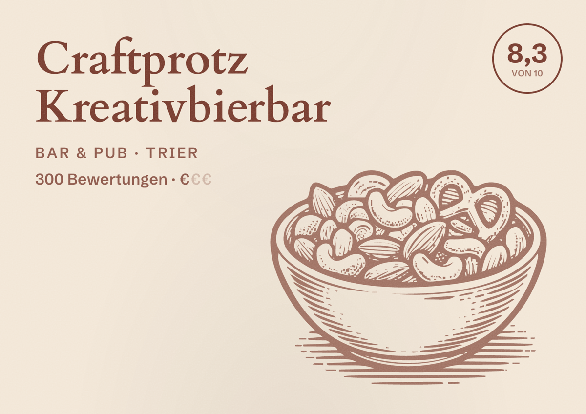 Illustriertes Poster von Craftprotz Kreativbierbar, Bar & Pub in Trier: Bewertung 8,3 von 10 aus 300 Bewertungen, Preisniveau €
