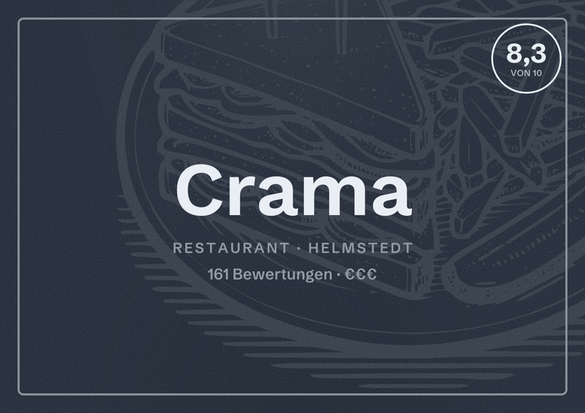Illustriertes Poster von Crama, Restaurant in Helmstedt: Bewertung 8,3 von 10 aus 161 Bewertungen, Preisniveau €€€
