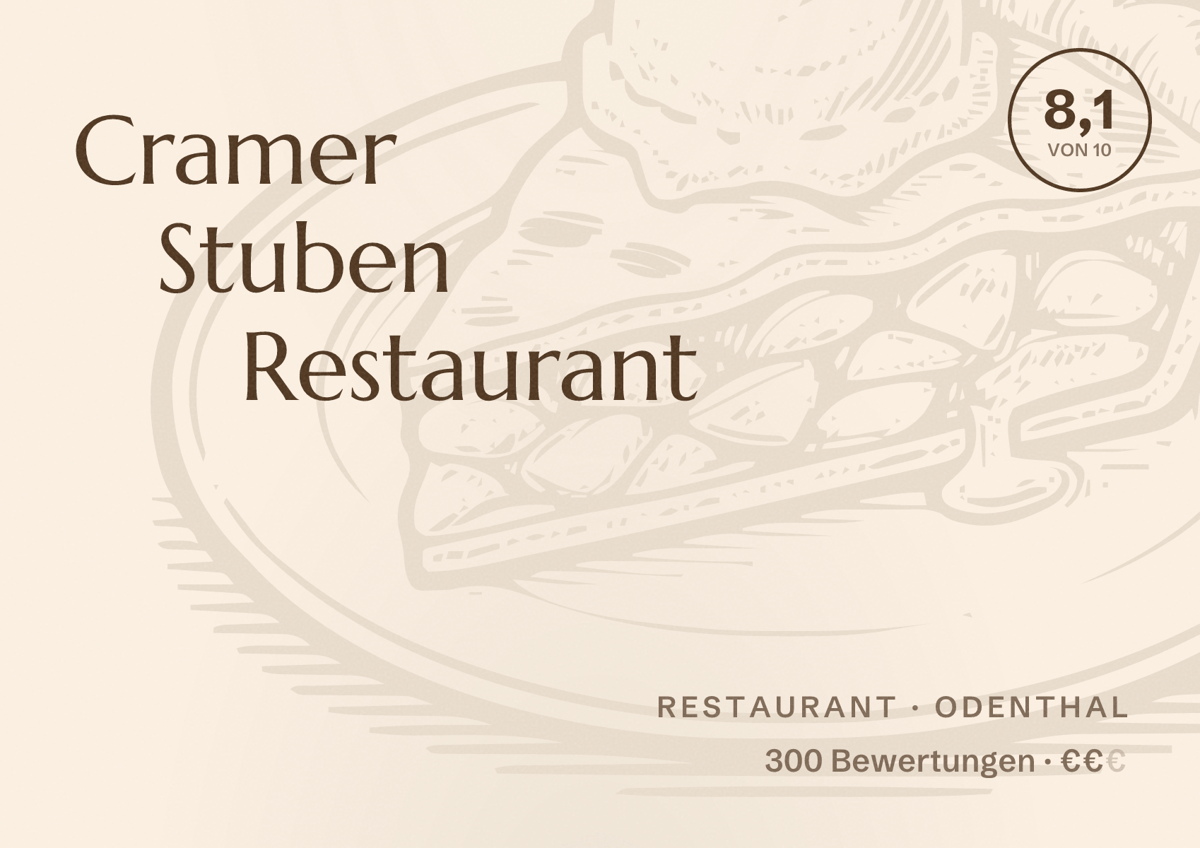 Illustriertes Poster von Cramer Stuben Restaurant, Restaurant in Odenthal: Bewertung 8,1 von 10 aus 300 Bewertungen, Preisniveau €€