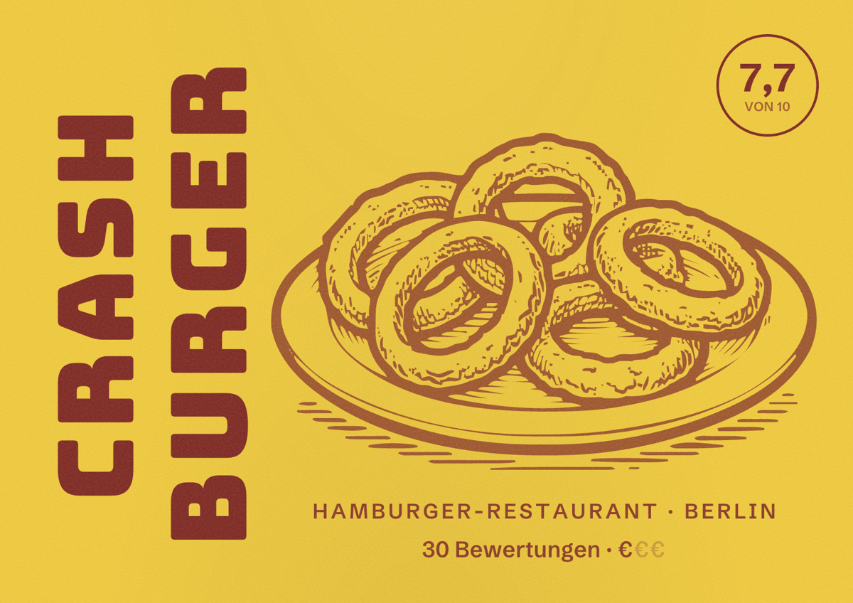 Illustriertes Poster von Crash Burger, Hamburger-Restaurant in Berlin: Bewertung 7,7 von 10 aus 30 Bewertungen, Preisniveau €