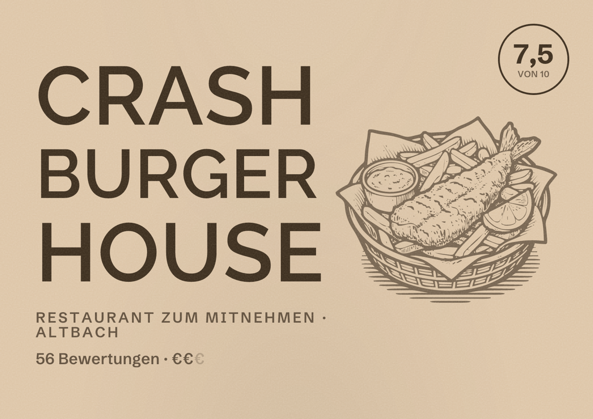 Illustriertes Poster von Crash Burger House, Restaurant zum Mitnehmen in Altbach: Bewertung 7,5 von 10 aus 56 Bewertungen, Preisniveau €€