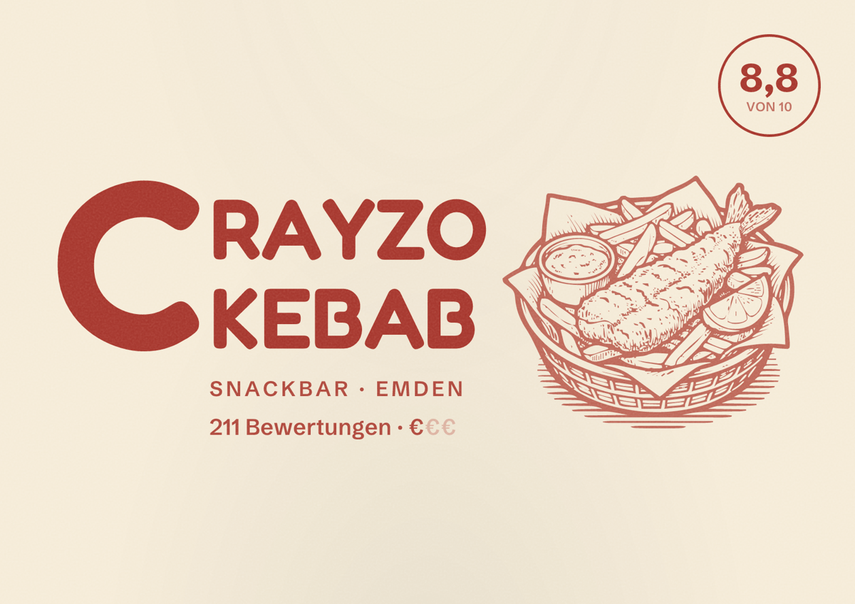 Illustriertes Poster von CRAYZO KEBAB, Snackbar in Emden: Bewertung 8,8 von 10 aus 211 Bewertungen, Preisniveau €