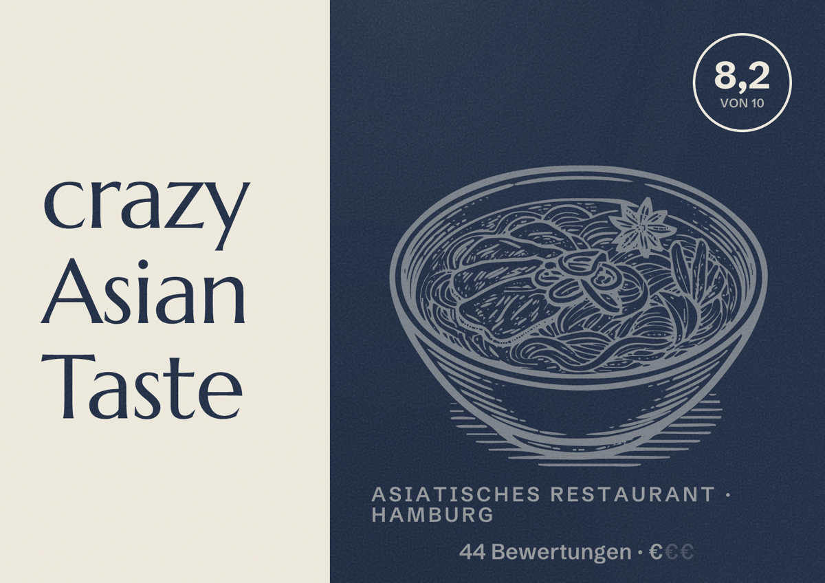 Illustriertes Poster von crazy Asian Taste, Asiatisches Restaurant in Hamburg: Bewertung 8,2 von 10 aus 44 Bewertungen, Preisniveau €