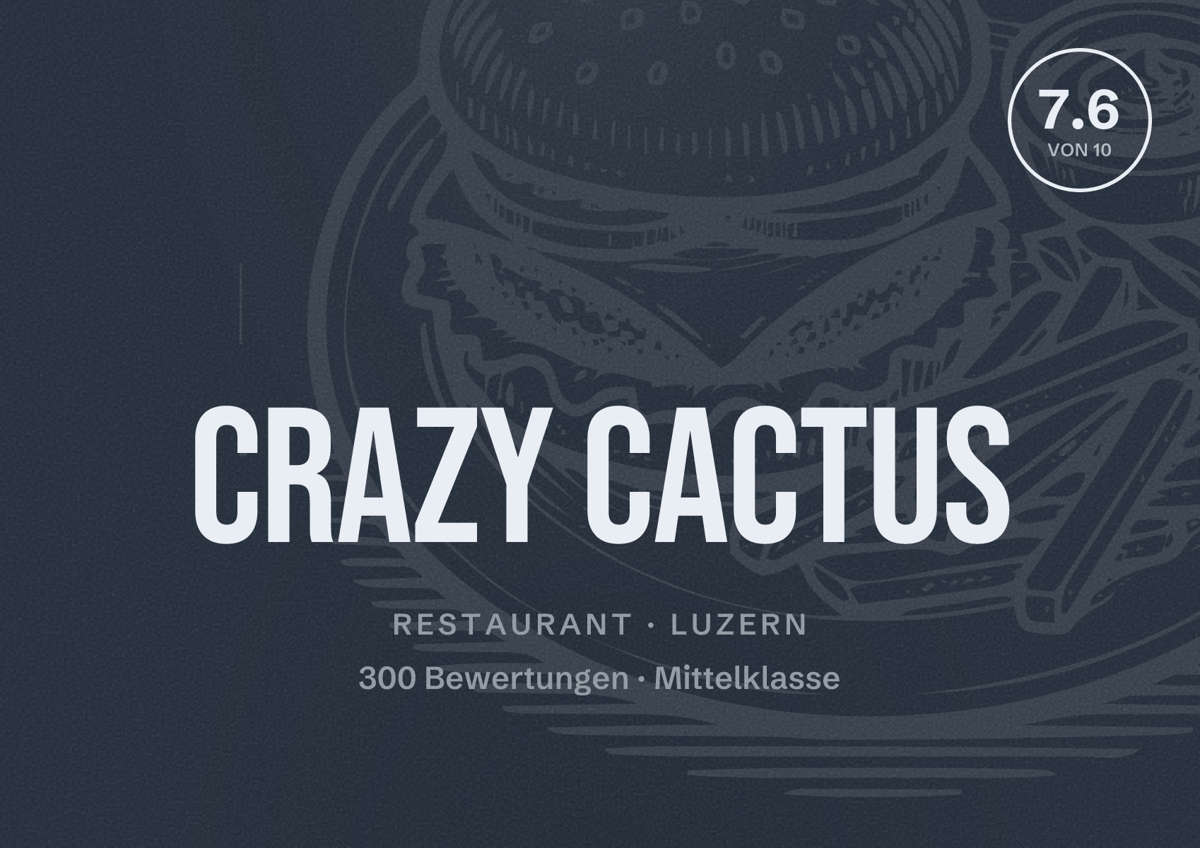Illustriertes Poster von Crazy Cactus, Restaurant in Luzern: Bewertung 7.6 von 10 aus 300 Bewertungen, Preisniveau Mittelklasse