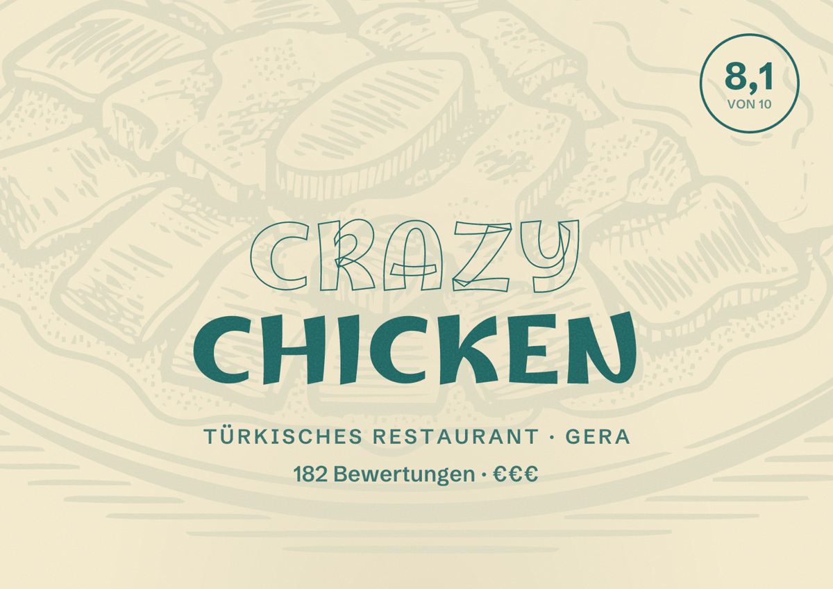 Illustriertes Poster von Crazy Chicken, Türkisches Restaurant in Gera: Bewertung 8,1 von 10 aus 182 Bewertungen, Preisniveau €€€