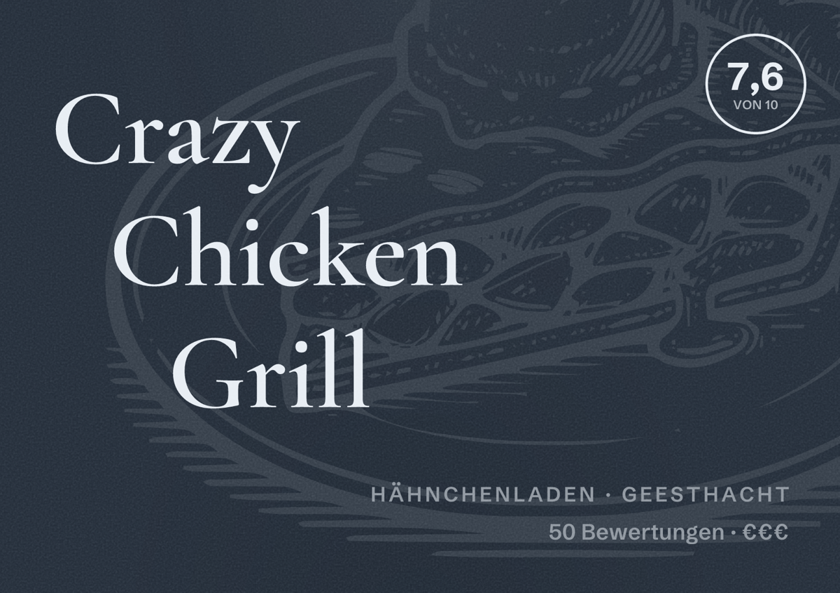 Illustriertes Poster von Crazy Chicken Grill, Hähnchenladen in Geesthacht: Bewertung 7,6 von 10 aus 50 Bewertungen, Preisniveau €€€