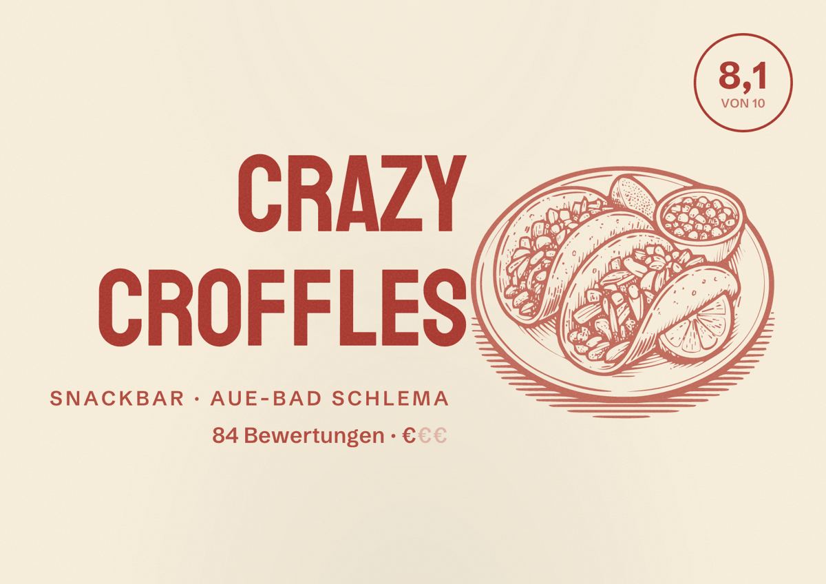 Illustriertes Poster von Crazy Croffles, Snackbar in Aue-Bad Schlema: Bewertung 8,1 von 10 aus 84 Bewertungen, Preisniveau €
