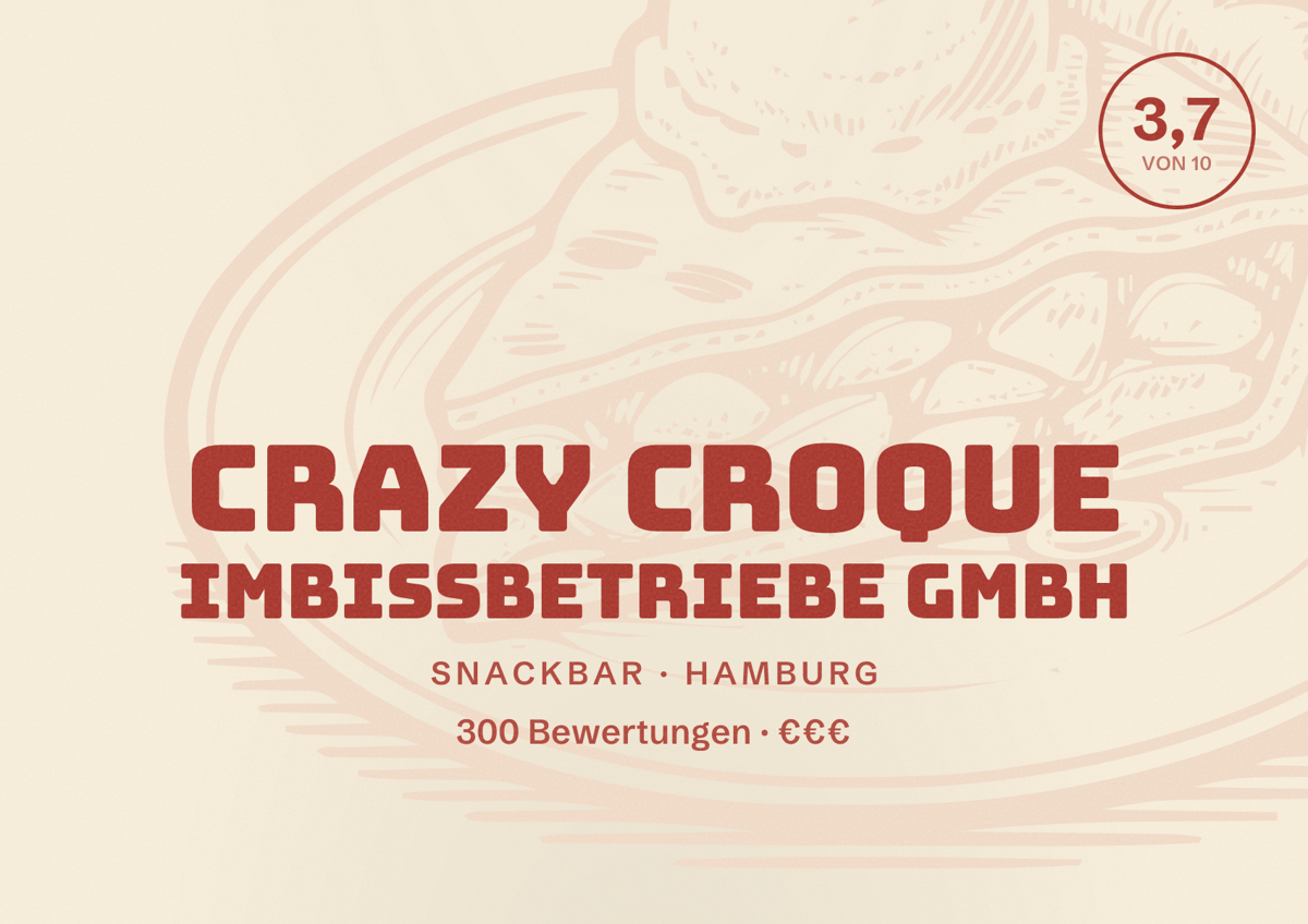 Illustriertes Poster von Crazy Croque Imbissbetriebe GmbH, Snackbar in Hamburg: Bewertung 3,7 von 10 aus 300 Bewertungen, Preisniveau €€€