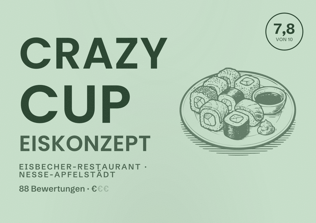 Illustriertes Poster von Crazy Cup Eiskonzept, Eisbecher-Restaurant in Nesse-Apfelstädt: Bewertung 7,8 von 10 aus 88 Bewertungen, Preisniveau €