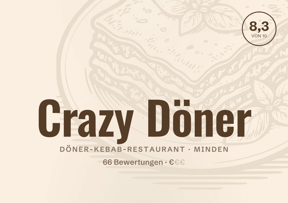 Illustriertes Poster von Crazy Döner, Döner-Kebab-Restaurant in Minden: Bewertung 8,3 von 10 aus 66 Bewertungen, Preisniveau €