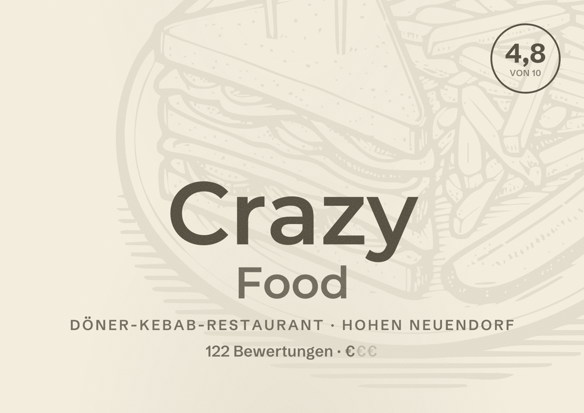 Illustriertes Poster von Crazy Food, Döner-Kebab-Restaurant in Hohen Neuendorf: Bewertung 4,8 von 10 aus 122 Bewertungen, Preisniveau €