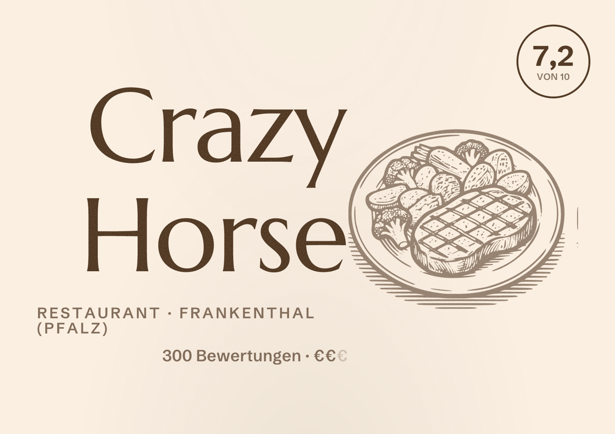 Illustriertes Poster von Crazy Horse, Restaurant in Frankenthal (Pfalz): Bewertung 7,2 von 10 aus 300 Bewertungen, Preisniveau €€