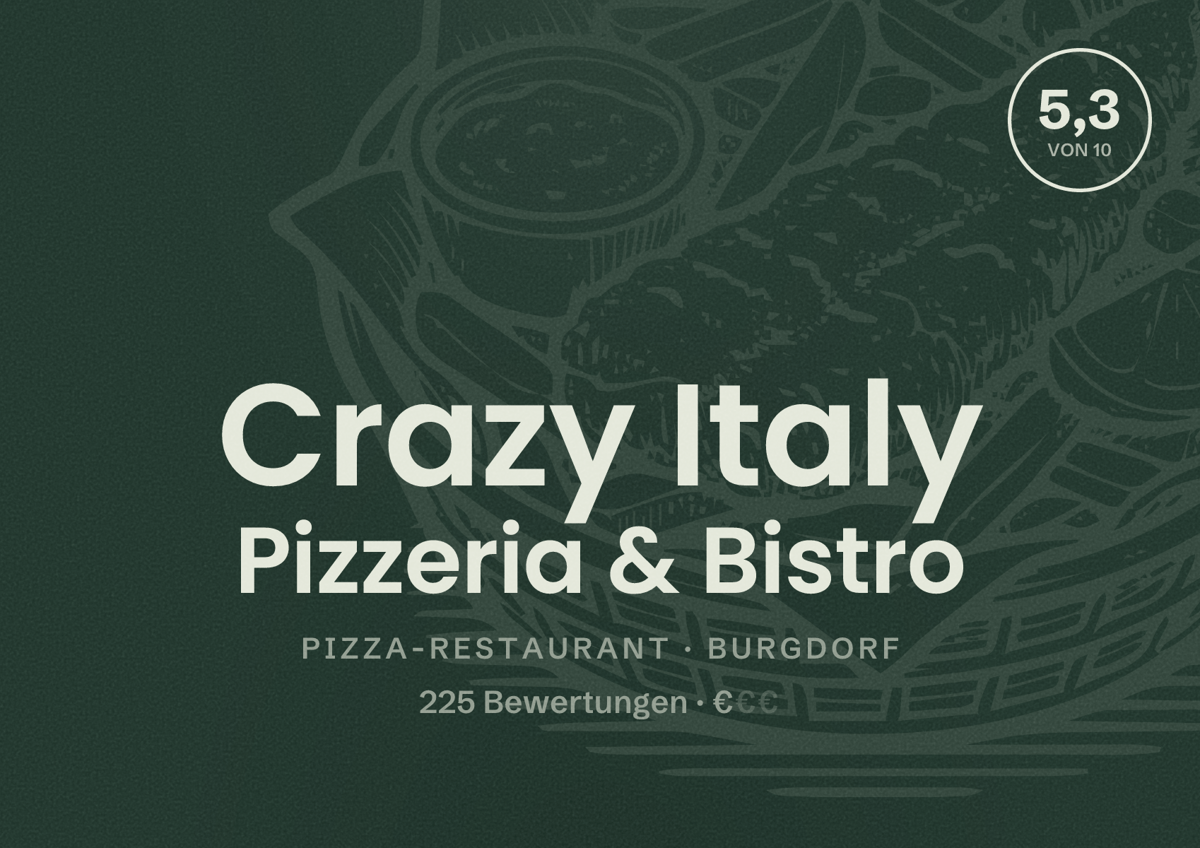 Illustriertes Poster von Crazy Italy Pizzeria & Bistro, Pizza-Restaurant in Burgdorf: Bewertung 5,3 von 10 aus 225 Bewertungen, Preisniveau €