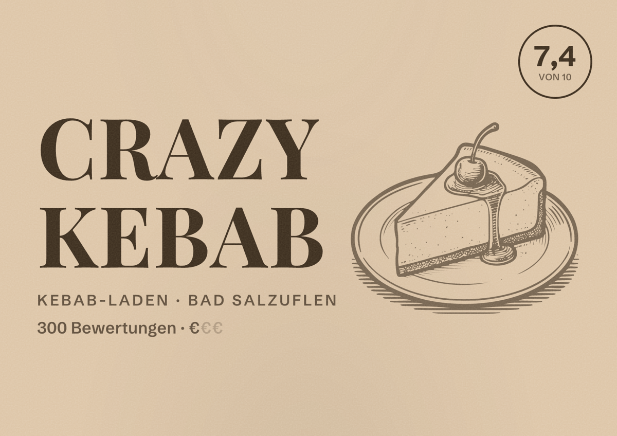 Illustriertes Poster von Crazy Kebab, Kebab-Laden in Bad Salzuflen: Bewertung 7,4 von 10 aus 300 Bewertungen, Preisniveau €