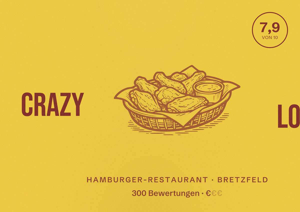 Illustriertes Poster von Crazy Loon, Hamburger-Restaurant in Bretzfeld: Bewertung 7,9 von 10 aus 300 Bewertungen, Preisniveau €