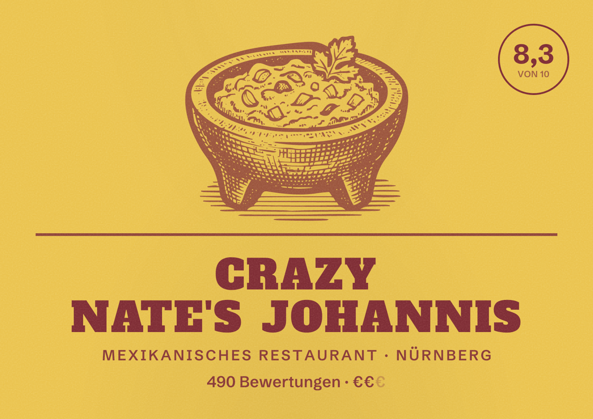 Illustriertes Poster von Crazy Nate's Johannis, Mexikanisches Restaurant in Nürnberg: Bewertung 8,3 von 10 aus 490 Bewertungen, Preisniveau €€