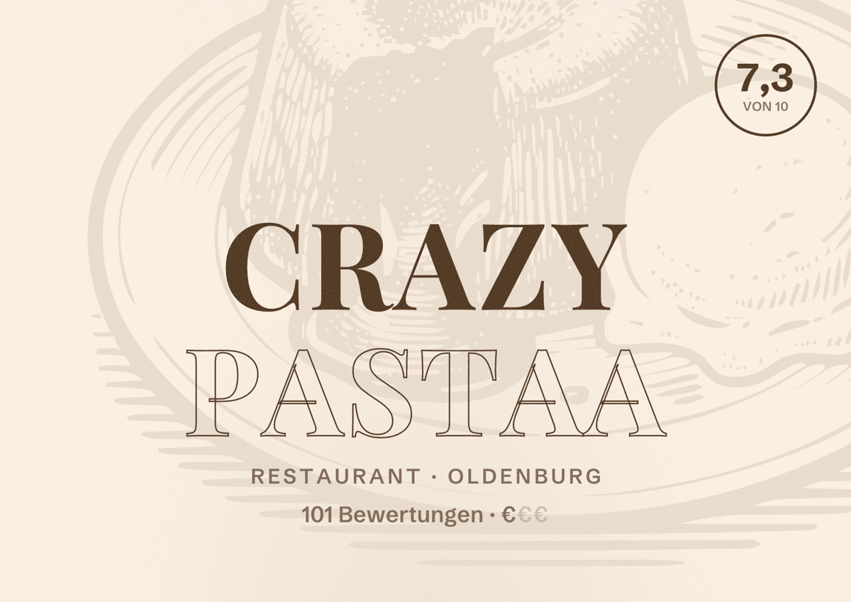 Illustriertes Poster von Crazy Pastaa, Restaurant in Oldenburg: Bewertung 7,3 von 10 aus 101 Bewertungen, Preisniveau €
