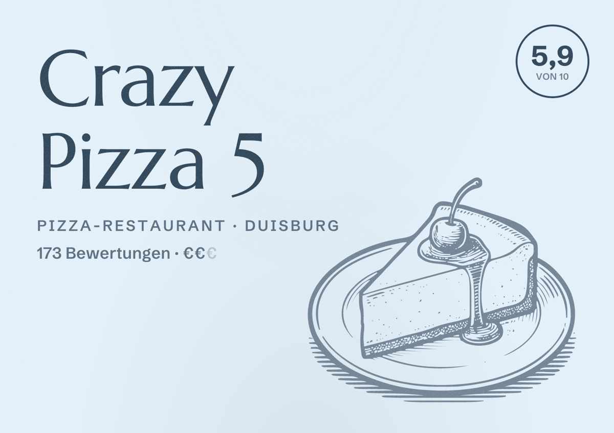 Illustriertes Poster von Crazy Pizza 5, Pizza-Restaurant in Duisburg: Bewertung 5,9 von 10 aus 173 Bewertungen, Preisniveau €€