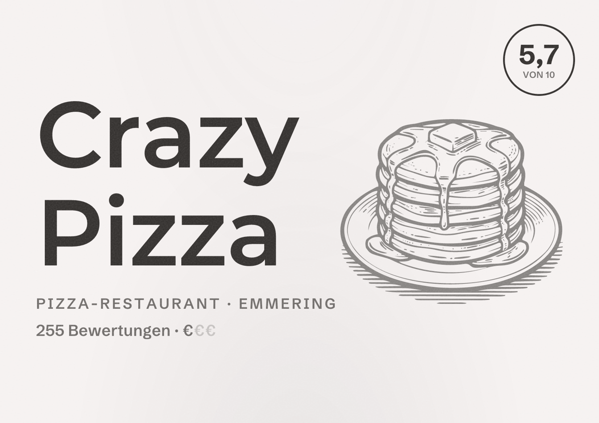 Illustriertes Poster von Crazy Pizza, Pizza-Restaurant in Emmering: Bewertung 5,7 von 10 aus 255 Bewertungen, Preisniveau €