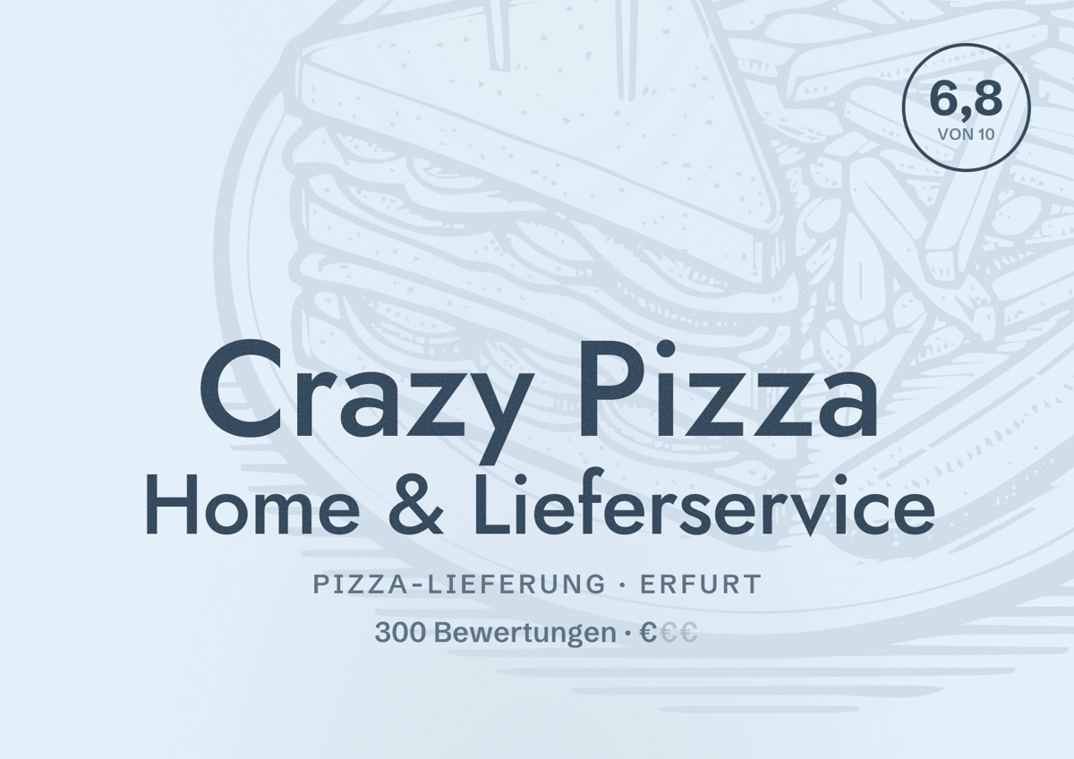 Illustriertes Poster von Crazy Pizza Home & Lieferservice, Pizza-Lieferung in Erfurt: Bewertung 6,8 von 10 aus 300 Bewertungen, Preisniveau €