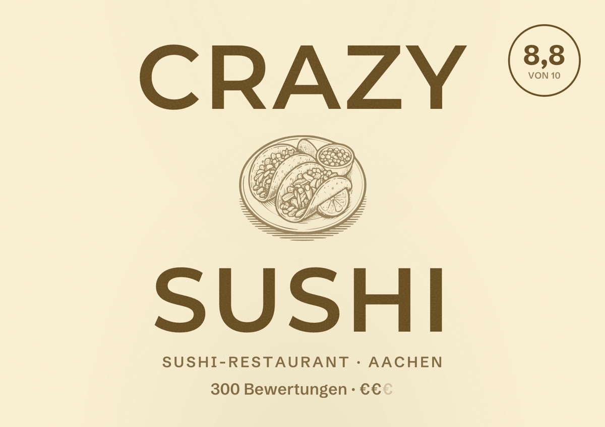 Illustriertes Poster von Crazy Sushi, Sushi-Restaurant in Aachen: Bewertung 8,8 von 10 aus 300 Bewertungen, Preisniveau €€