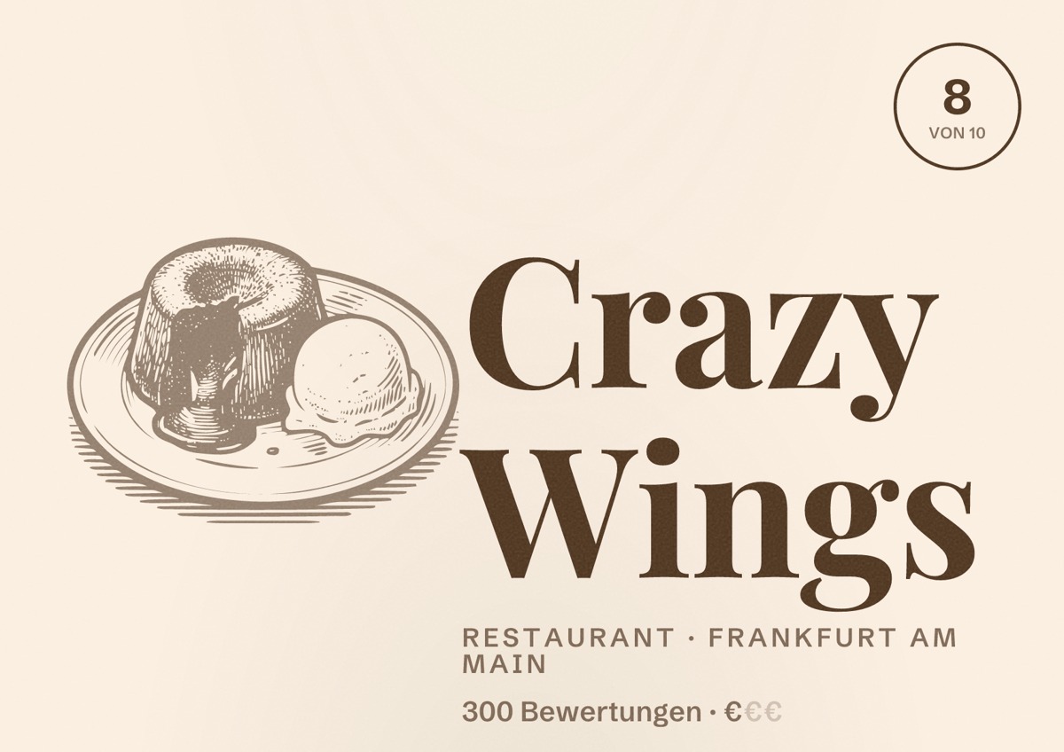 Illustriertes Poster von Crazy Wings, Restaurant in Frankfurt am Main: Bewertung 8,0 von 10 aus 300 Bewertungen, Preisniveau €