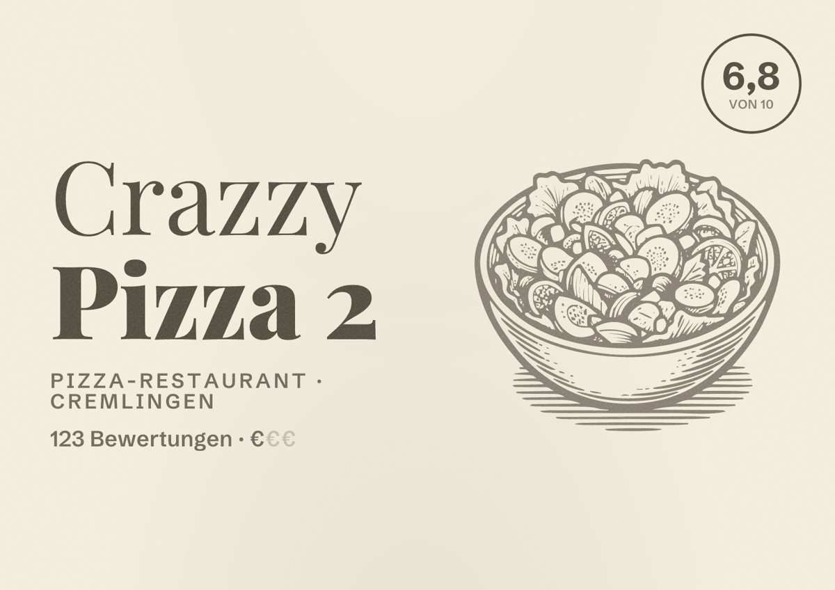 Illustriertes Poster von Crazzy Pizza 2, Pizza-Restaurant in Cremlingen: Bewertung 6,8 von 10 aus 123 Bewertungen, Preisniveau €
