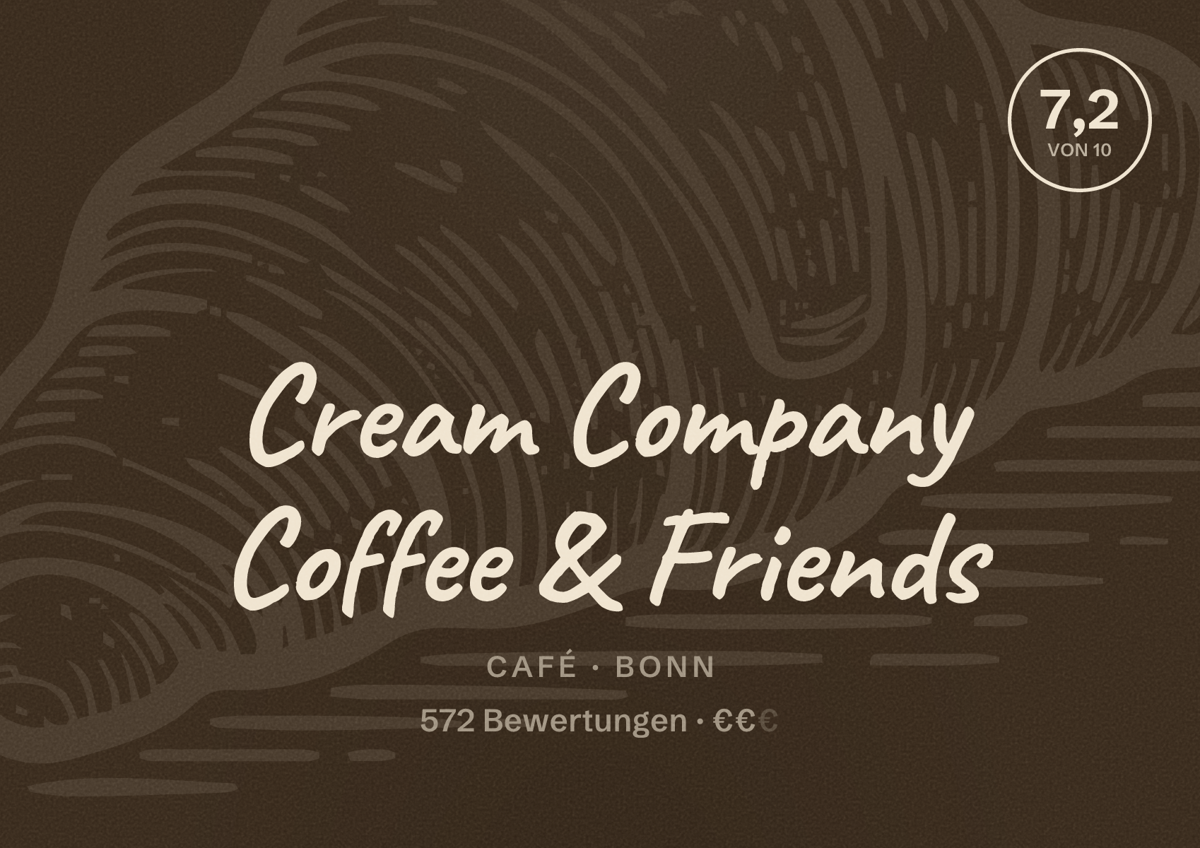 Illustriertes Poster von Cream Company Coffee & Friends, Café in Bonn: Bewertung 7,2 von 10 aus 572 Bewertungen, Preisniveau €€