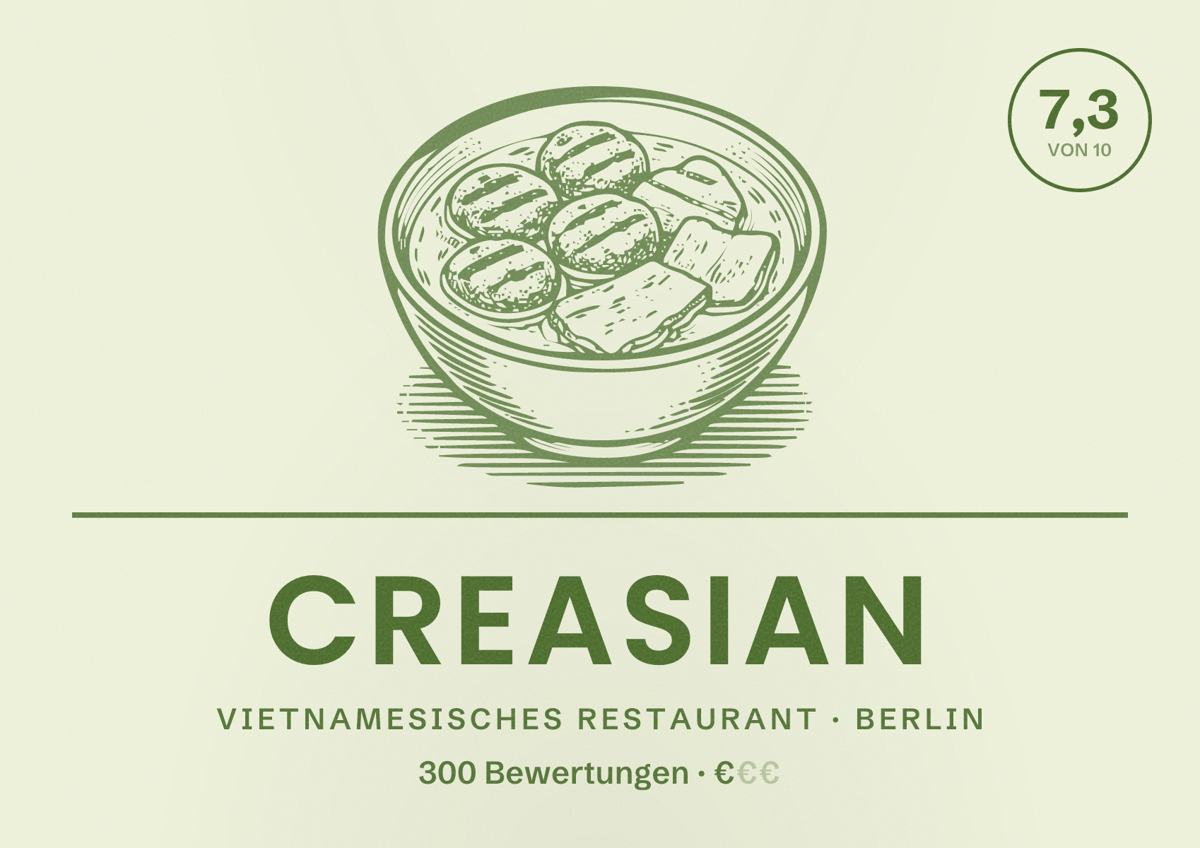 Illustriertes Poster von Creasian, Vietnamesisches Restaurant in Berlin: Bewertung 7,3 von 10 aus 300 Bewertungen, Preisniveau €