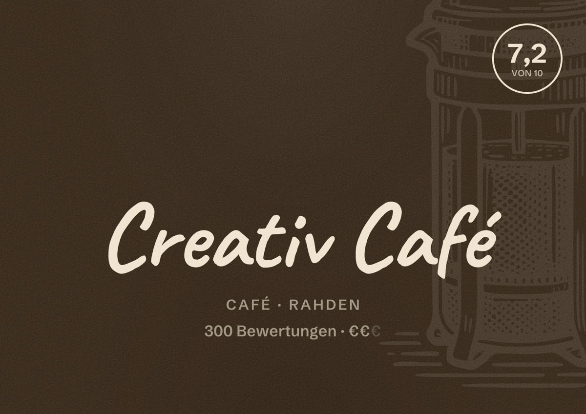 Illustriertes Poster von Creativ Café, Café in Rahden: Bewertung 7,2 von 10 aus 300 Bewertungen, Preisniveau €€