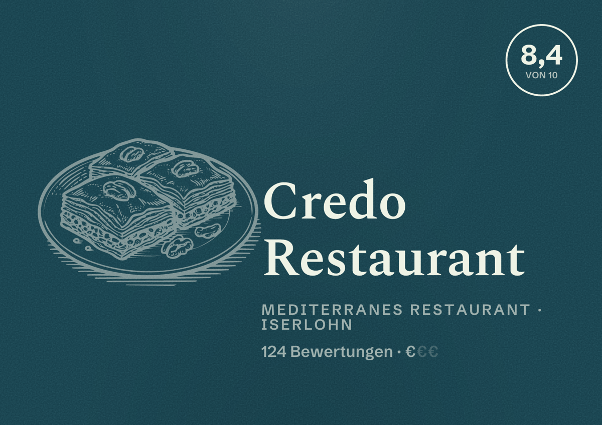 Illustriertes Poster von Credo Restaurant, Mediterranes Restaurant in Iserlohn: Bewertung 8,4 von 10 aus 124 Bewertungen, Preisniveau €