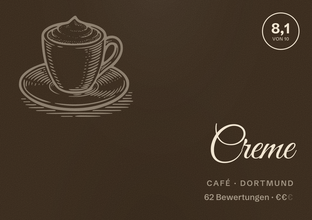 Illustriertes Poster von Creme, Café in Dortmund: Bewertung 8,1 von 10 aus 62 Bewertungen, Preisniveau €€