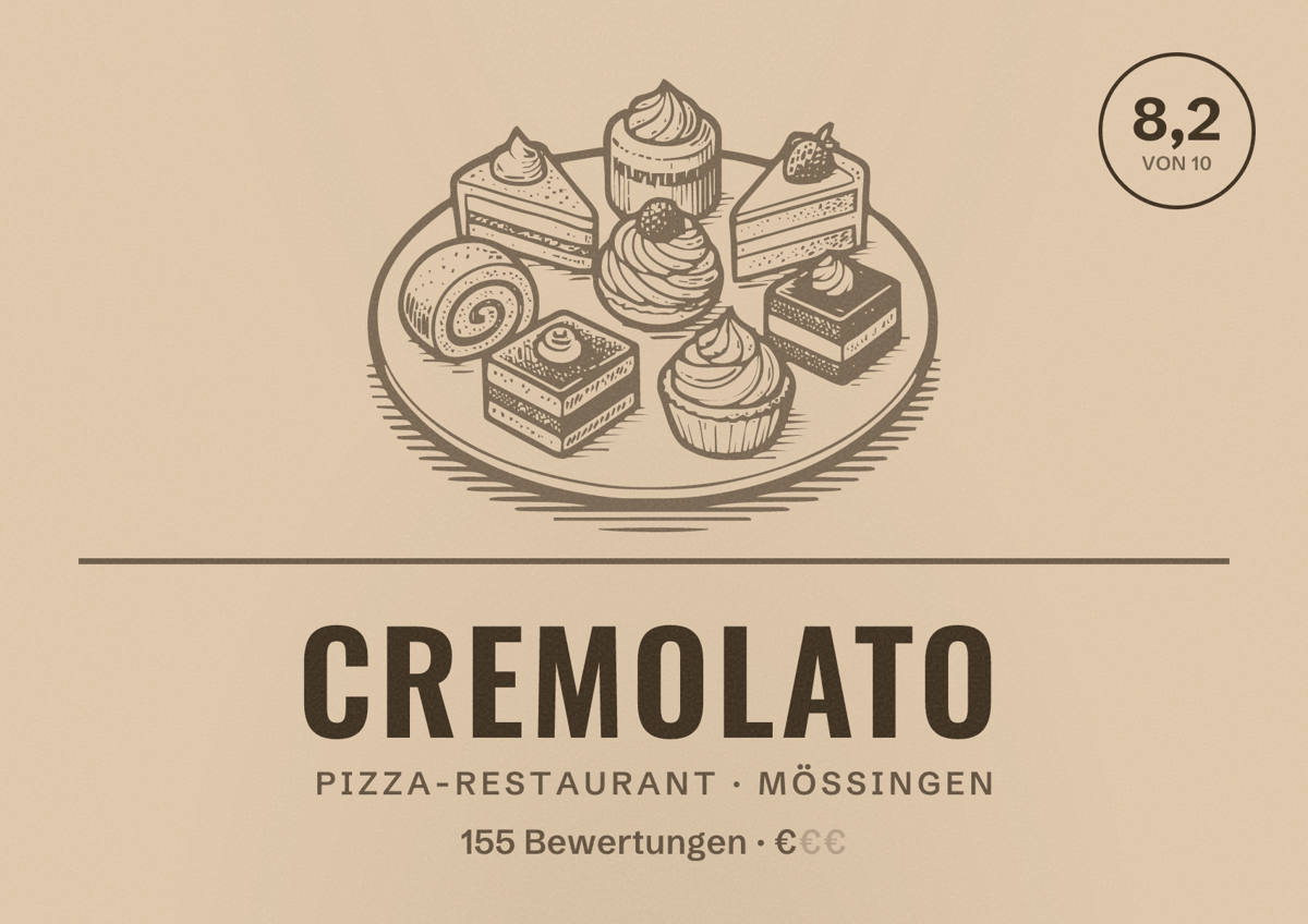 Illustriertes Poster von Cremolato, Pizza-Restaurant in Mössingen: Bewertung 8,2 von 10 aus 155 Bewertungen, Preisniveau €