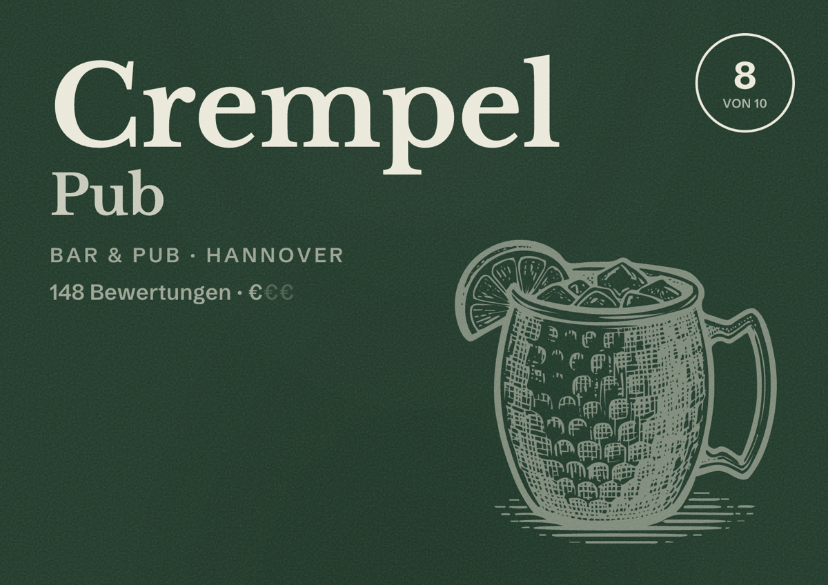 Illustriertes Poster von Crempel Pub, Bar & Pub in Hannover: Bewertung 8 von 10 aus 148 Bewertungen, Preisniveau €