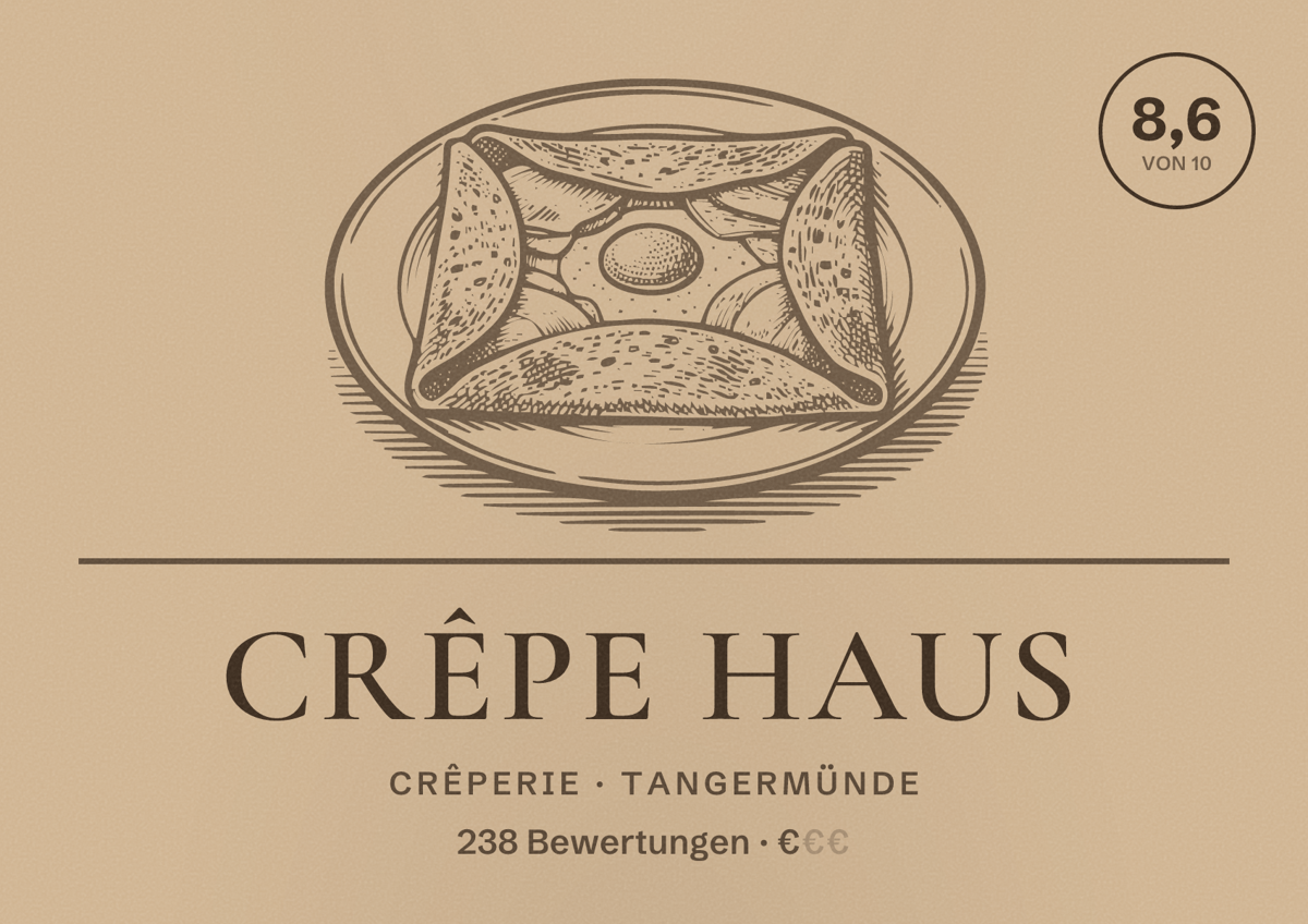Illustriertes Poster von Crêpe Haus, Crêperie in Tangermünde: Bewertung 8,6 von 10 aus 238 Bewertungen, Preisniveau €