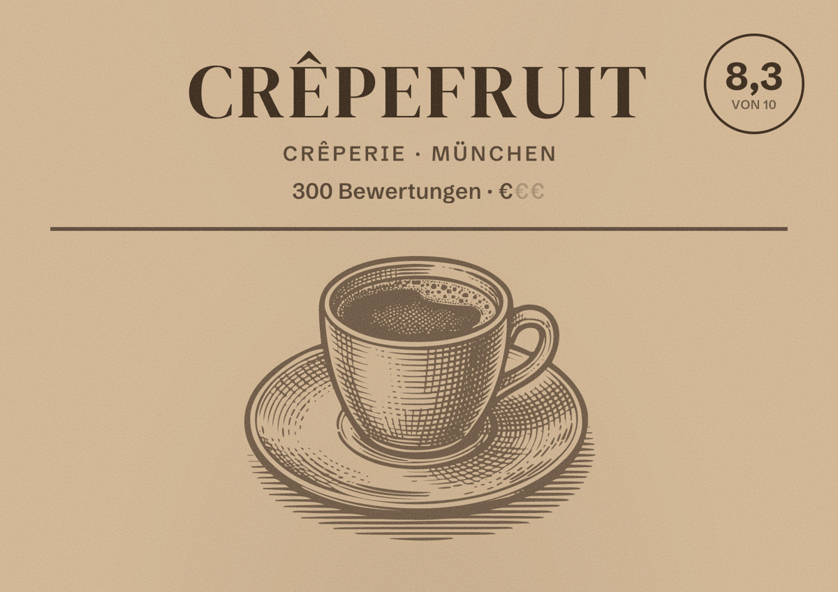 Illustriertes Poster von CrêpeFruit, Crêperie in München: Bewertung 8,3 von 10 aus 300 Bewertungen, Preisniveau €