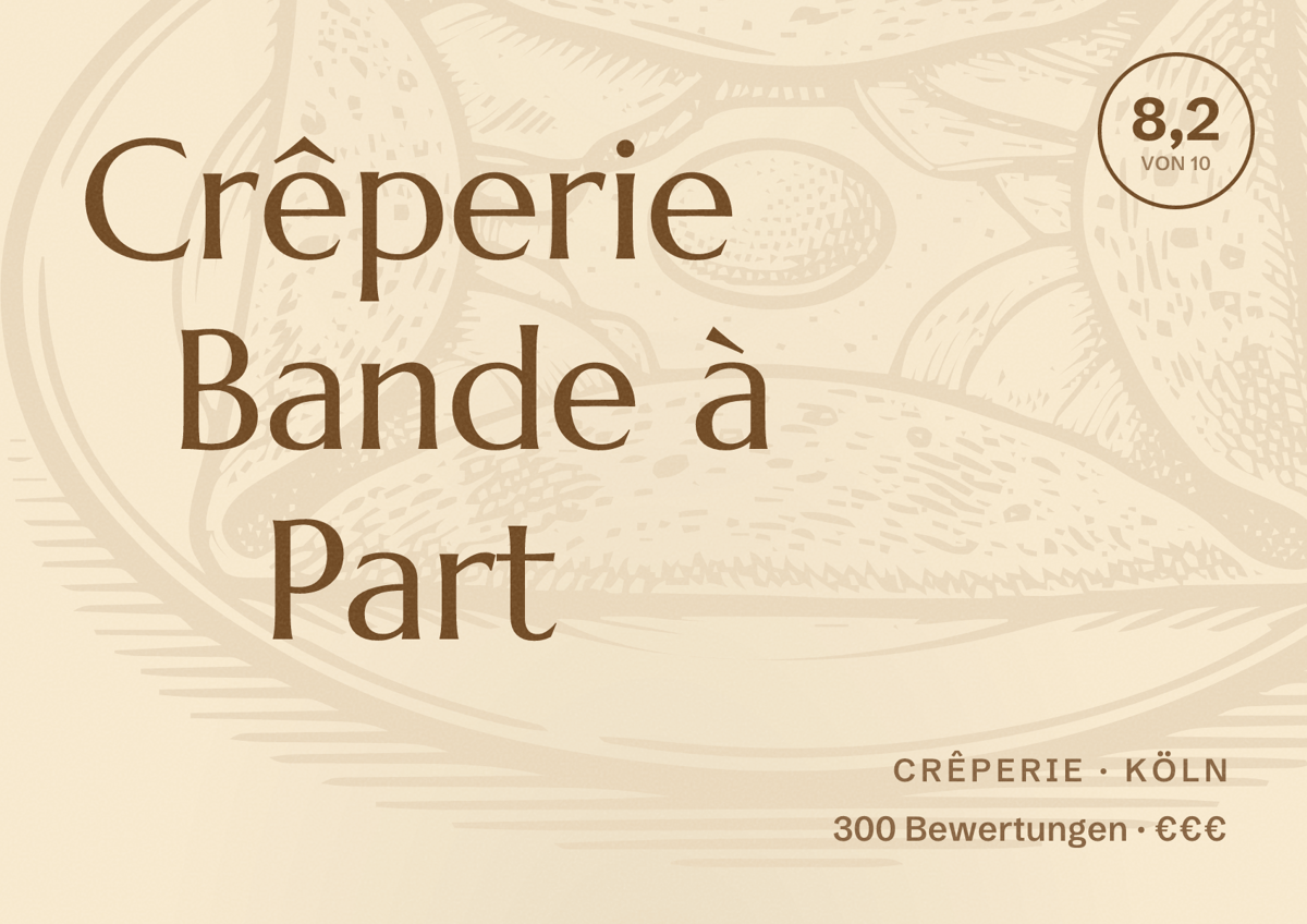 Illustriertes Poster von Crêperie Bande à Part, Crêperie in Köln: Bewertung 8,2 von 10 aus 300 Bewertungen, Preisniveau €€€