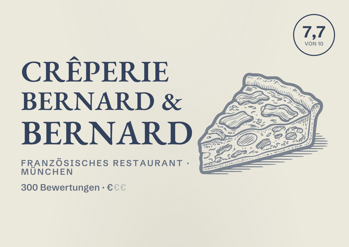 Illustriertes Poster von Crêperie Bernard & Bernard, Französisches Restaurant in München: Bewertung 7,7 von 10 aus 300 Bewertungen, Preisniveau €
