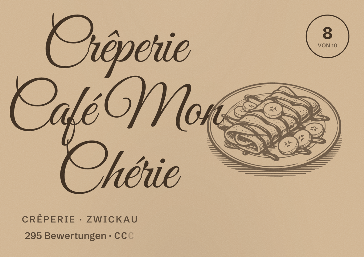 Illustriertes Poster von Crêperie Café Mon Chérie, Crêperie in Zwickau: Bewertung 8 von 10 aus 295 Bewertungen, Preisniveau €€