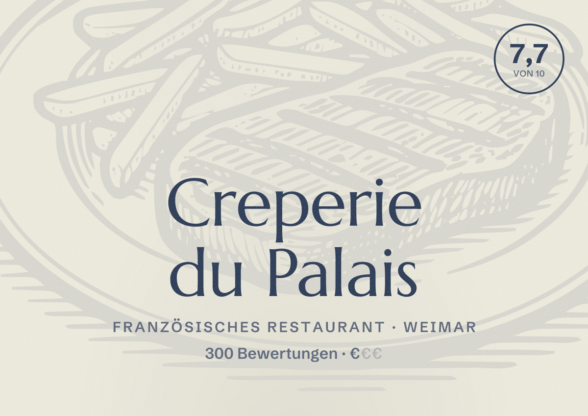 Illustriertes Poster von Creperie du Palais, Französisches Restaurant in Weimar: Bewertung 7,7 von 10 aus 300 Bewertungen, Preisniveau €