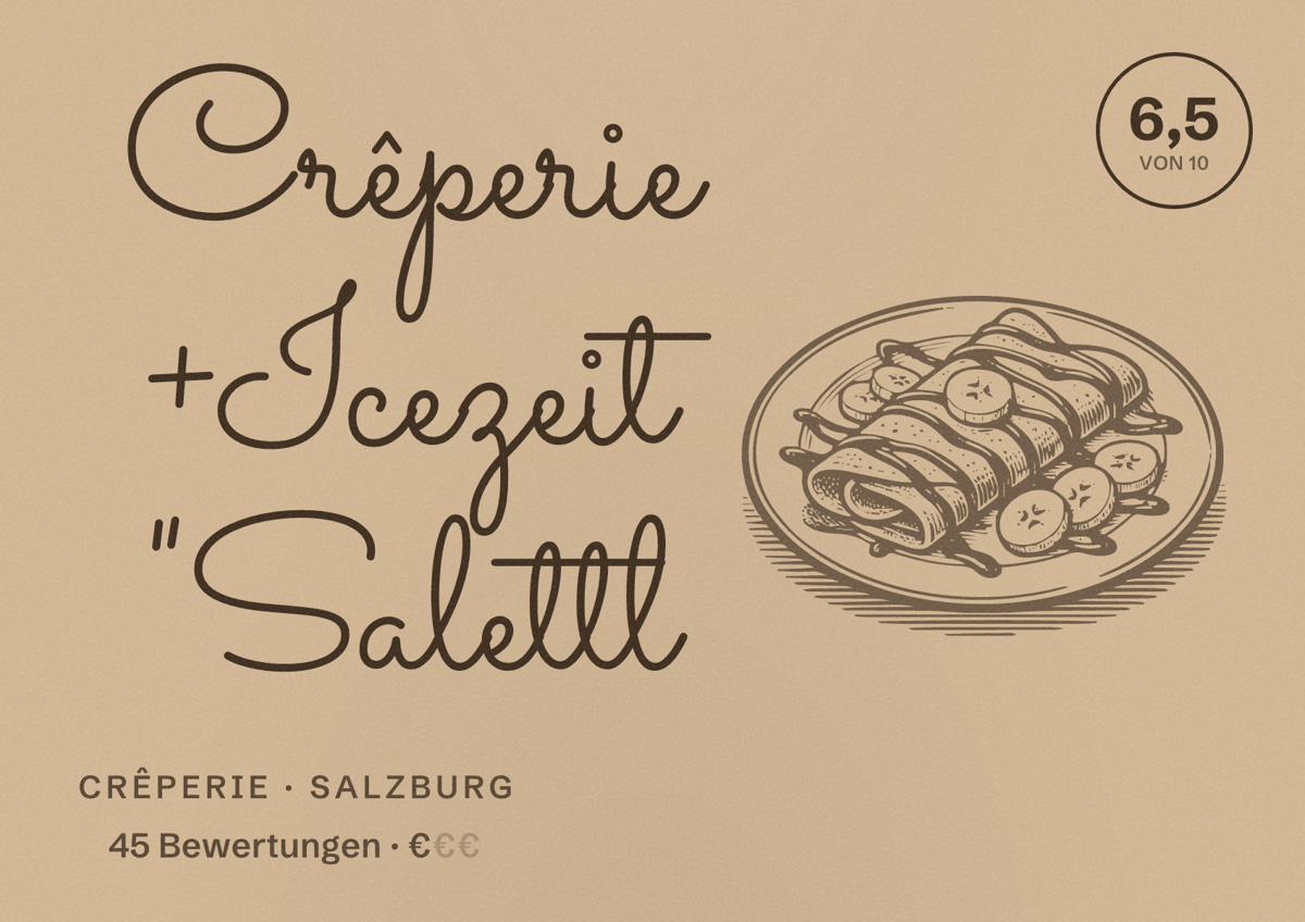 Illustriertes Poster von Crêperie +Icezeit "Salettl, Crêperie in Salzburg: Bewertung 6,5 von 10 aus 45 Bewertungen, Preisniveau €