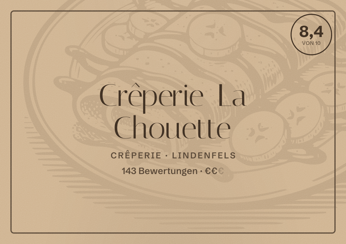 Illustriertes Poster von Crêperie La Chouette, Crêperie in Lindenfels: Bewertung 8,4 von 10 aus 143 Bewertungen, Preisniveau €€