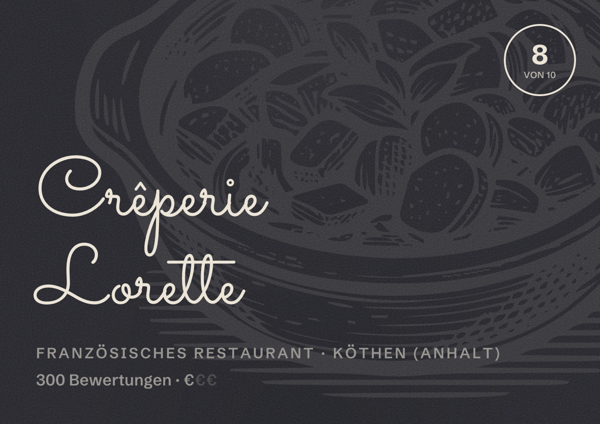 Illustriertes Poster von Crêperie Lorette, Französisches Restaurant in Köthen (Anhalt): Bewertung 8 von 10 aus 300 Bewertungen, Preisniveau €