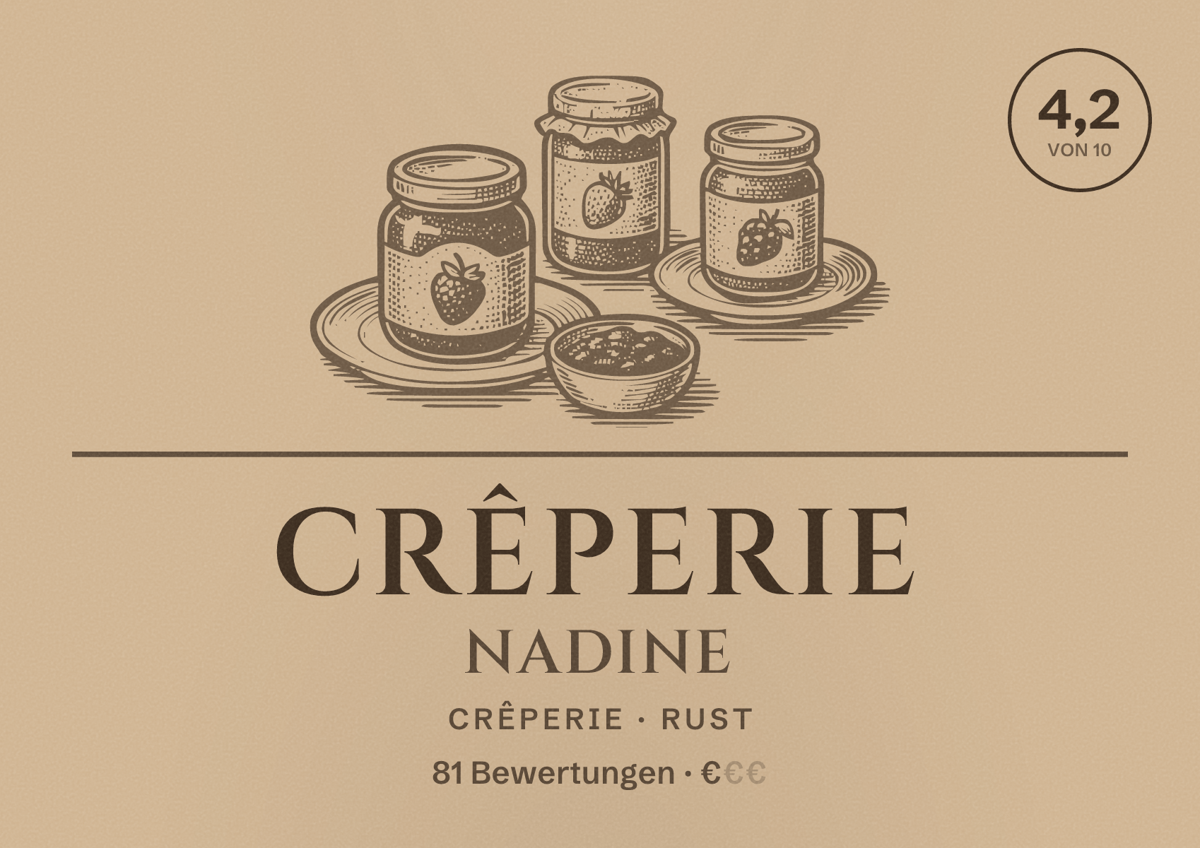 Illustriertes Poster von Crêperie Nadine, Crêperie in Rust: Bewertung 4,2 von 10 aus 81 Bewertungen, Preisniveau €