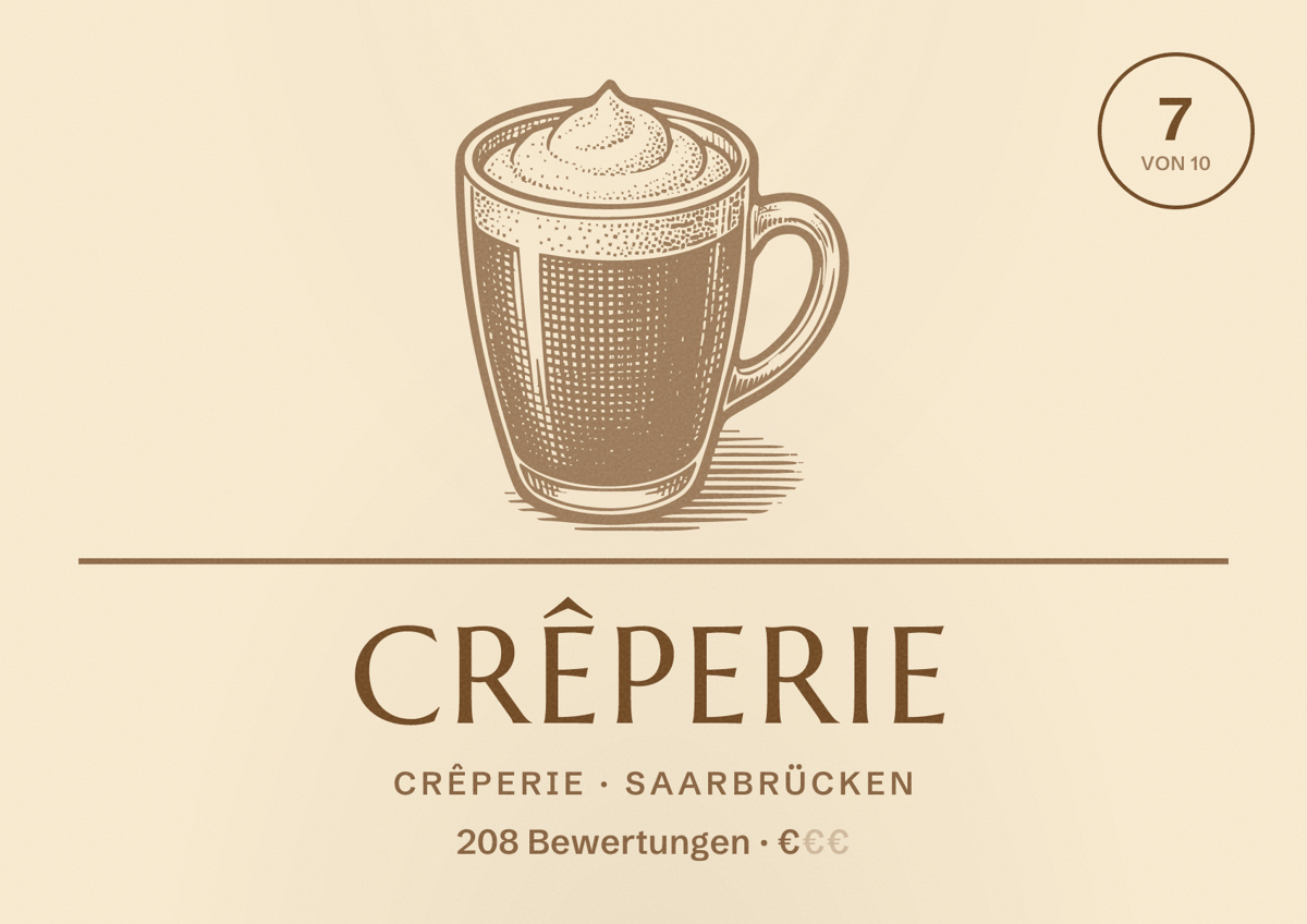 Illustriertes Poster von Crêperie, Crêperie in Saarbrücken: Bewertung 7,0 von 10 aus 208 Bewertungen, Preisniveau €
