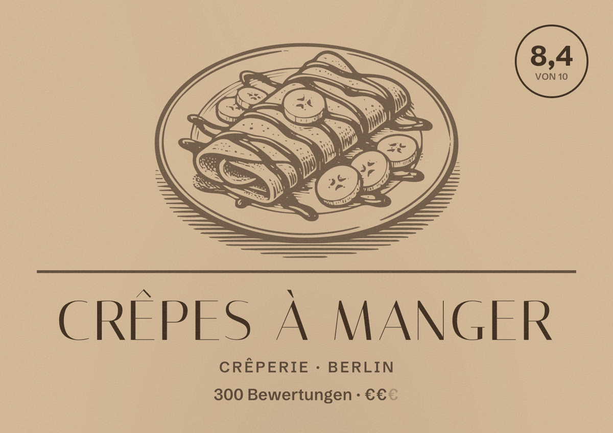 Illustriertes Poster von Crêpes à manger, Crêperie in Berlin: Bewertung 8,4 von 10 aus 300 Bewertungen, Preisniveau €€