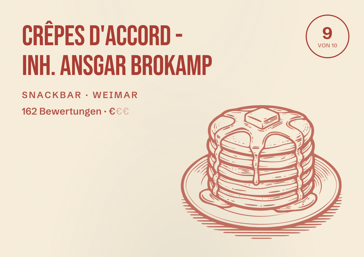 Illustriertes Poster von Crêpes d'accord - Inh. Ansgar Brokamp, Snackbar in Weimar: Bewertung 9 von 10 aus 162 Bewertungen, Preisniveau €