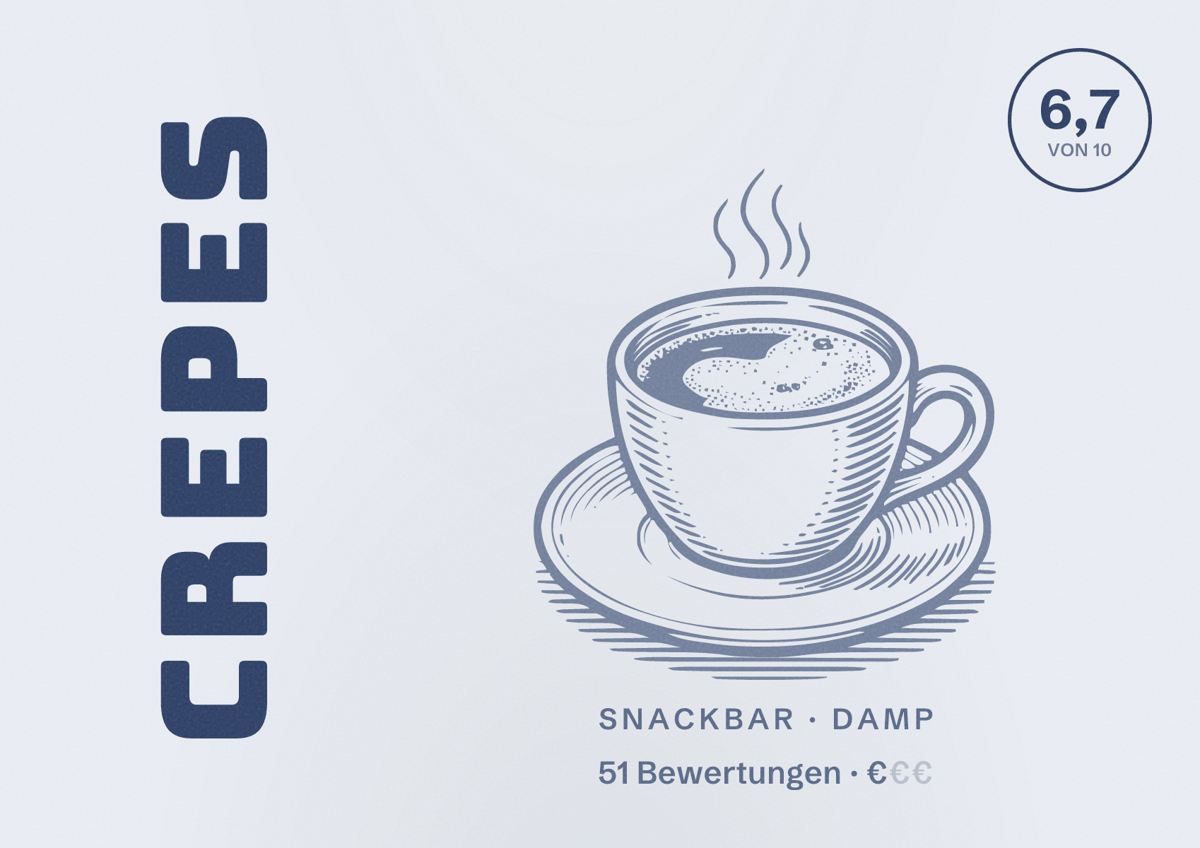 Illustriertes Poster von Crepes, Snackbar in Damp: Bewertung 6,7 von 10 aus 51 Bewertungen, Preisniveau €
